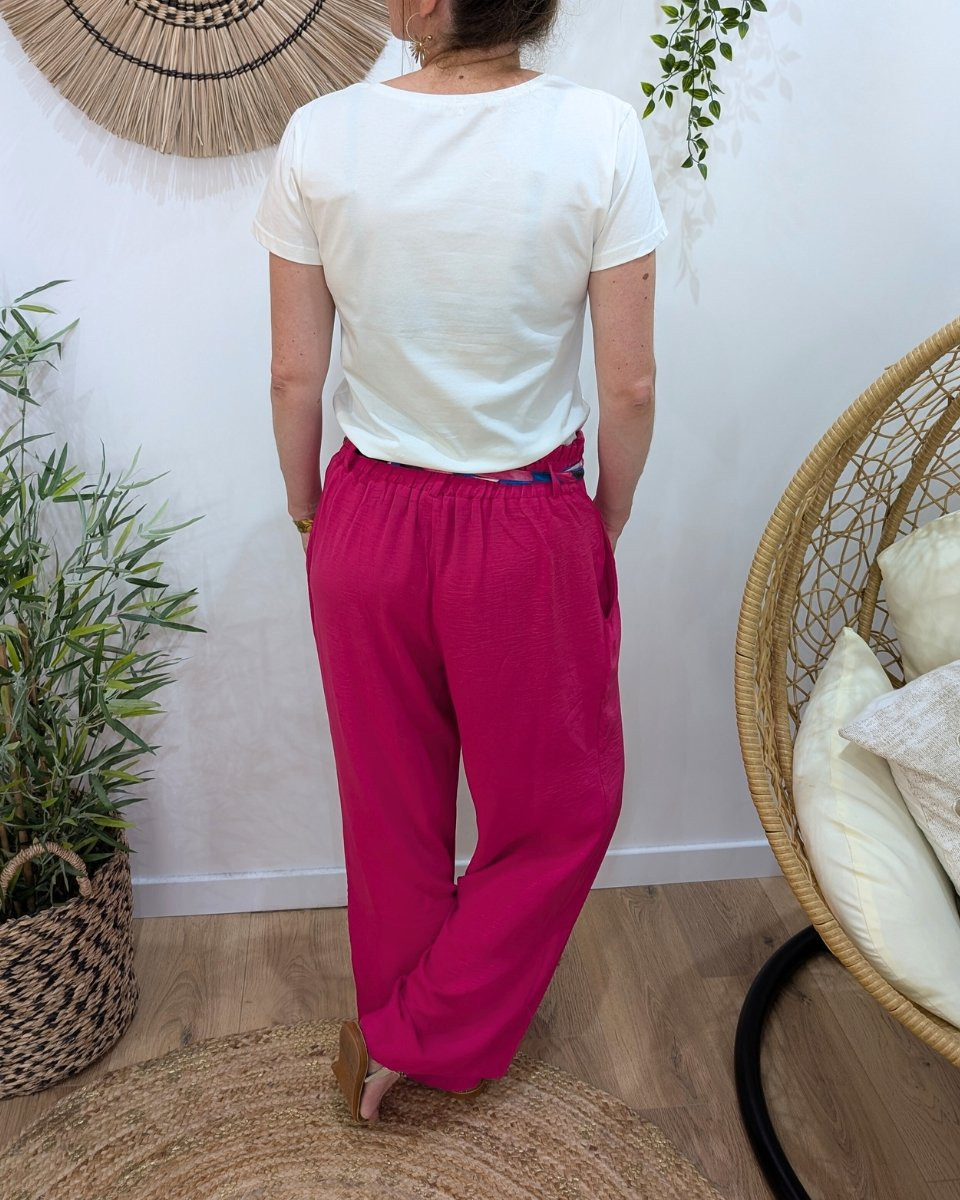 Pantalon fluide femme rose fuchsia ruban à motifs