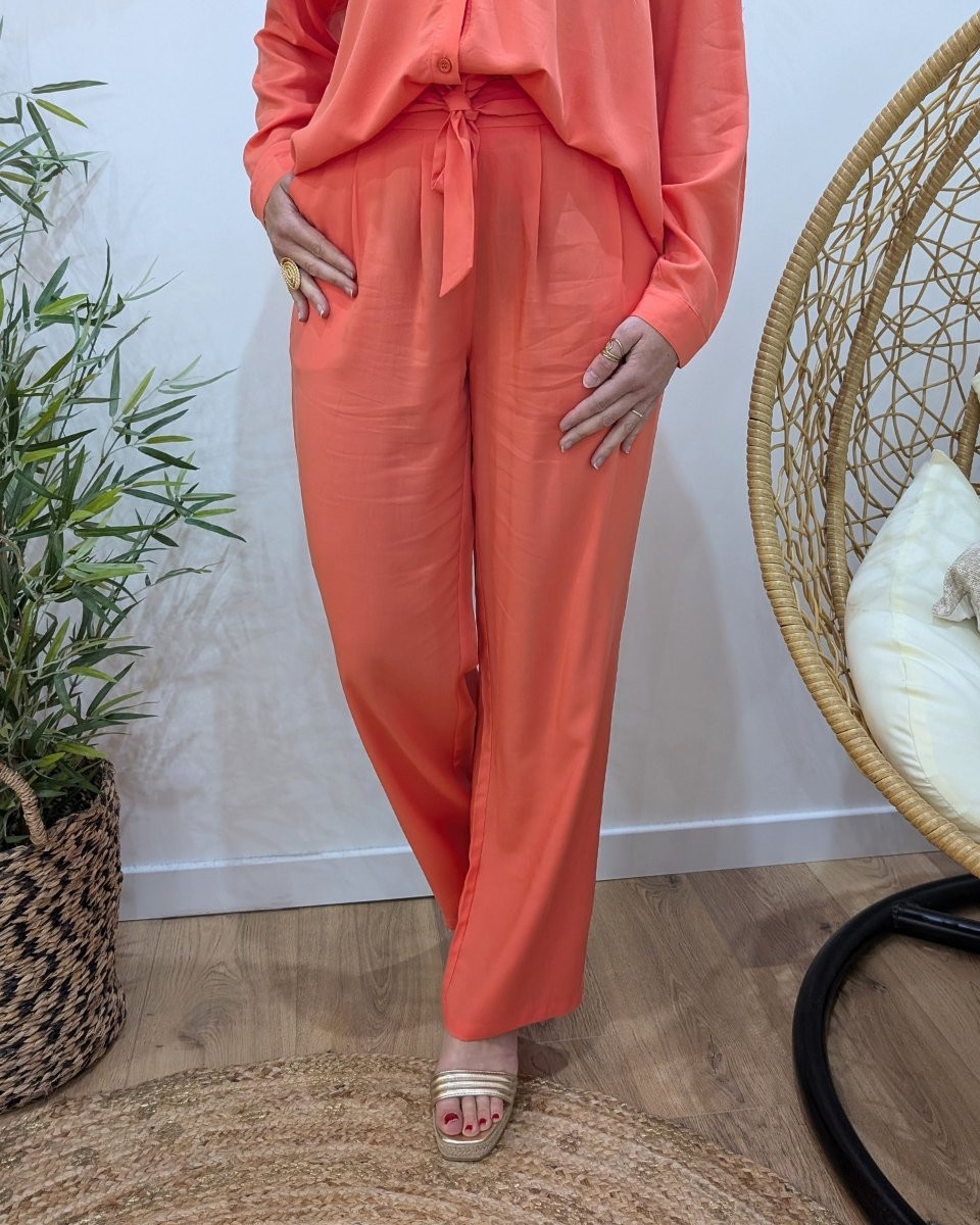 Pantalon fluide femme fin corail fluo
