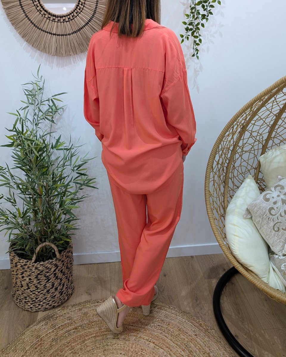 Pantalon fluide femme fin corail fluo
