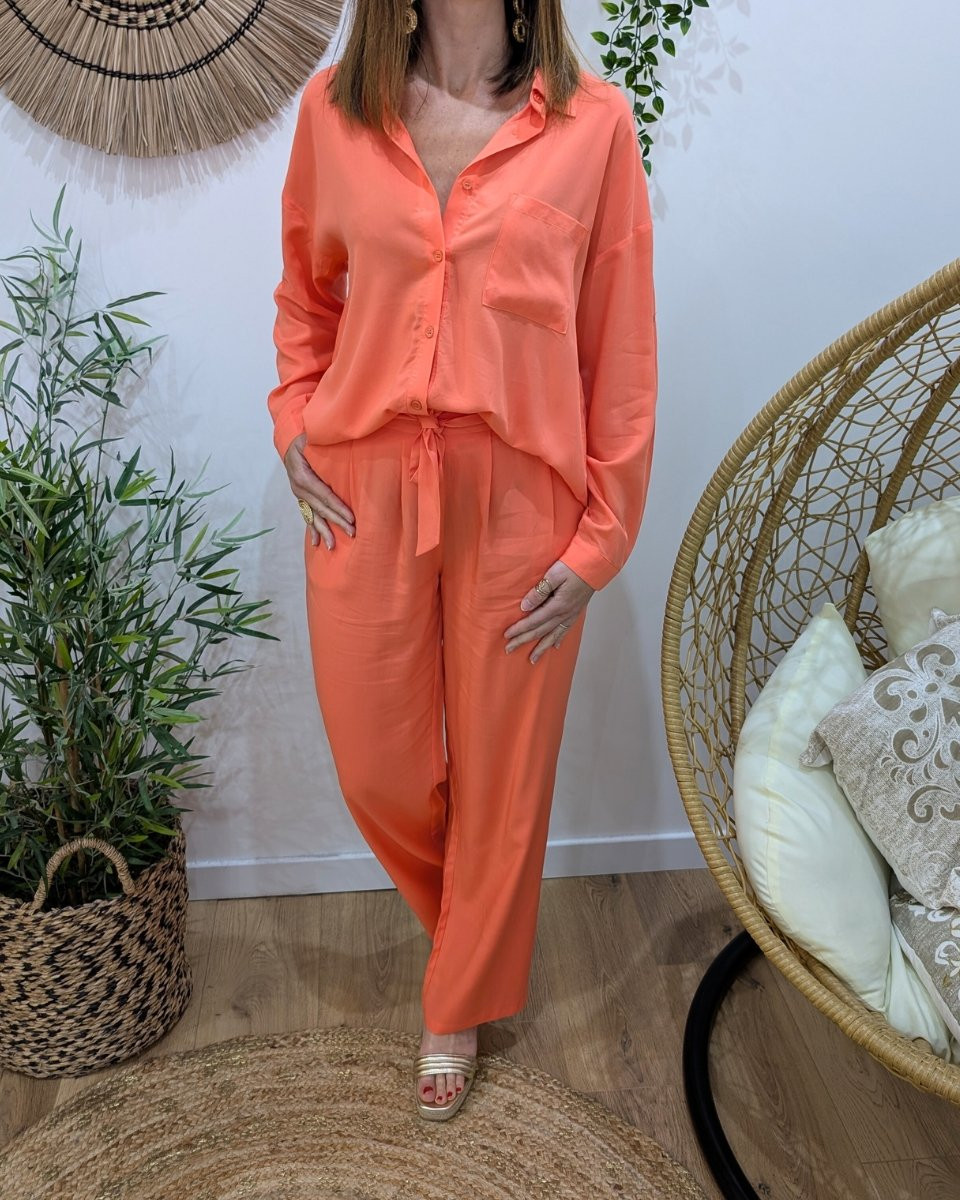 Pantalon fluide femme fin corail fluo