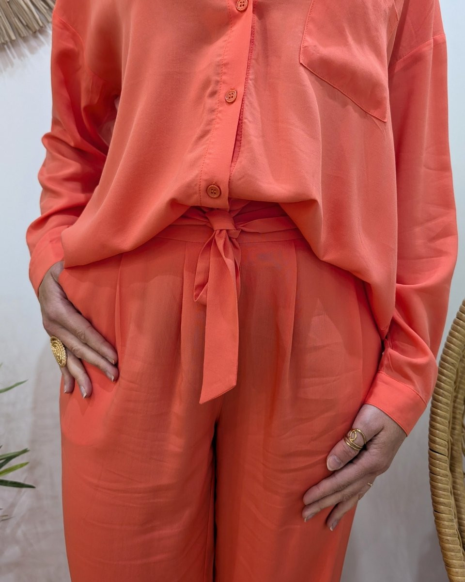 Pantalon fluide femme fin corail fluo