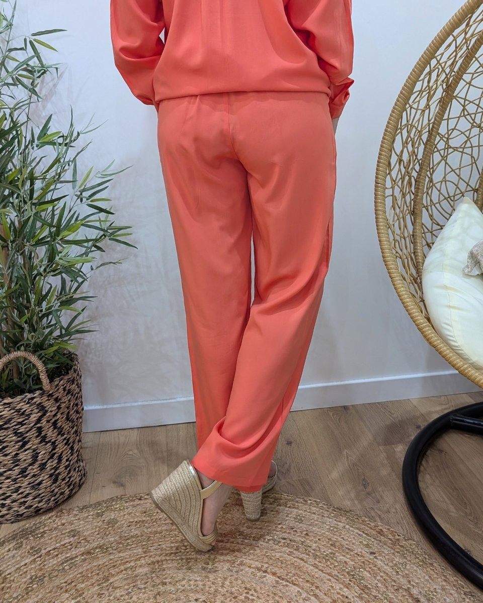 Pantalon fluide femme fin corail fluo