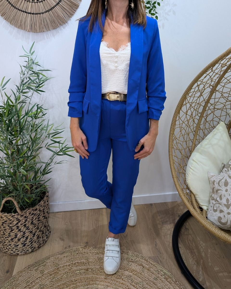 Blazer femme manches plissées bleu roi