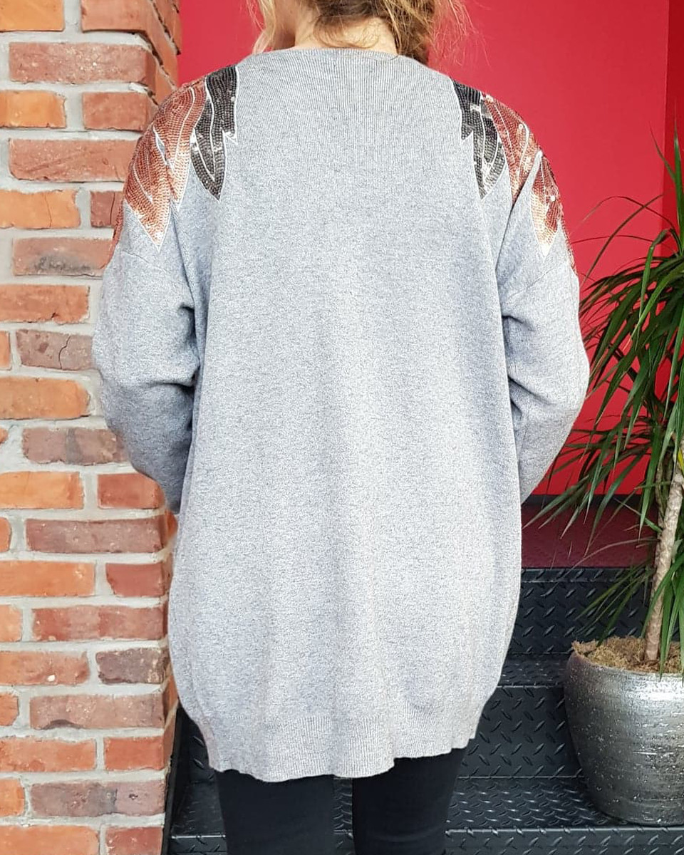 Gilet long gris épaules ailes en sequins cuivrées et argent