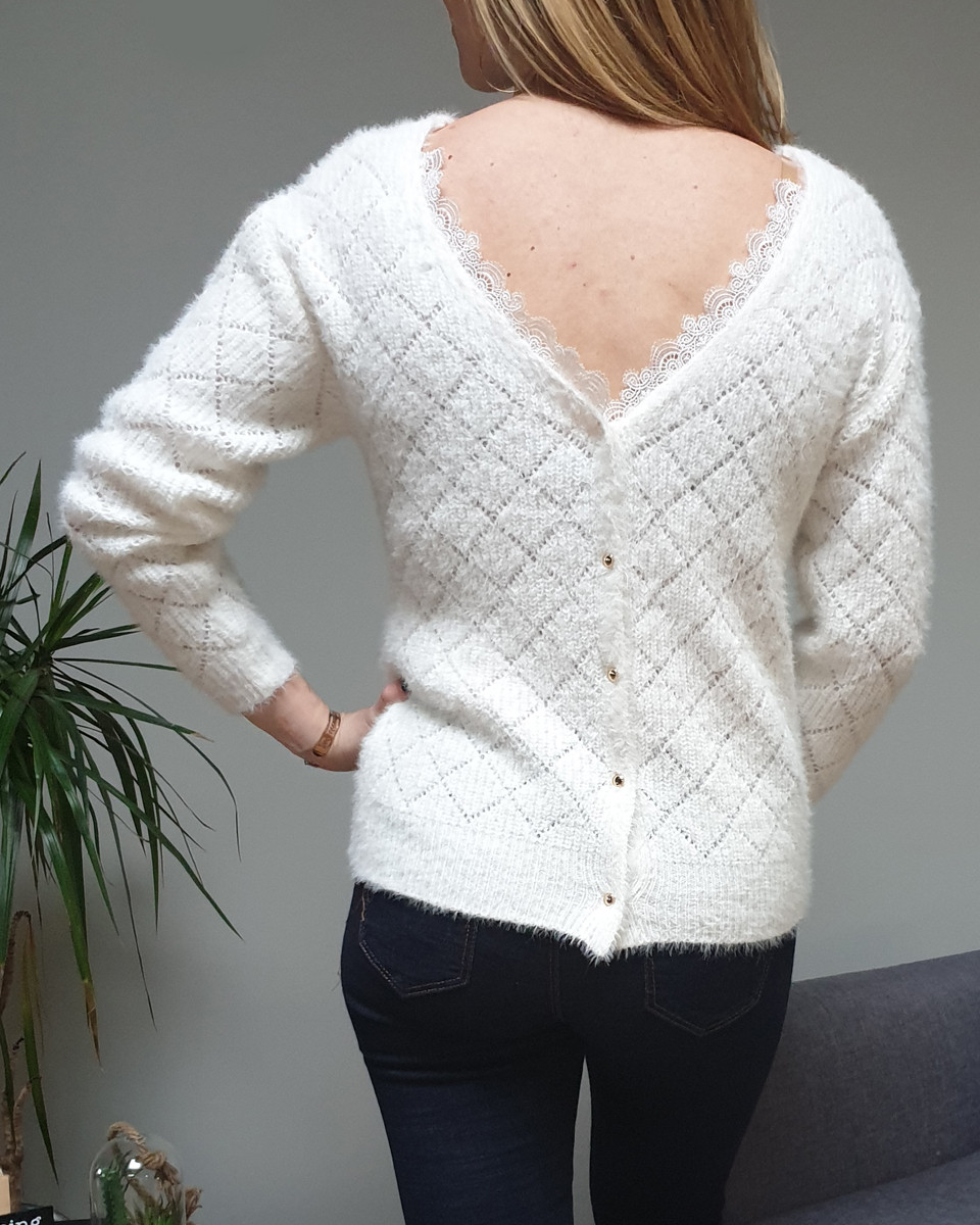 Pull boutonné réversible ajouré blanc cassé