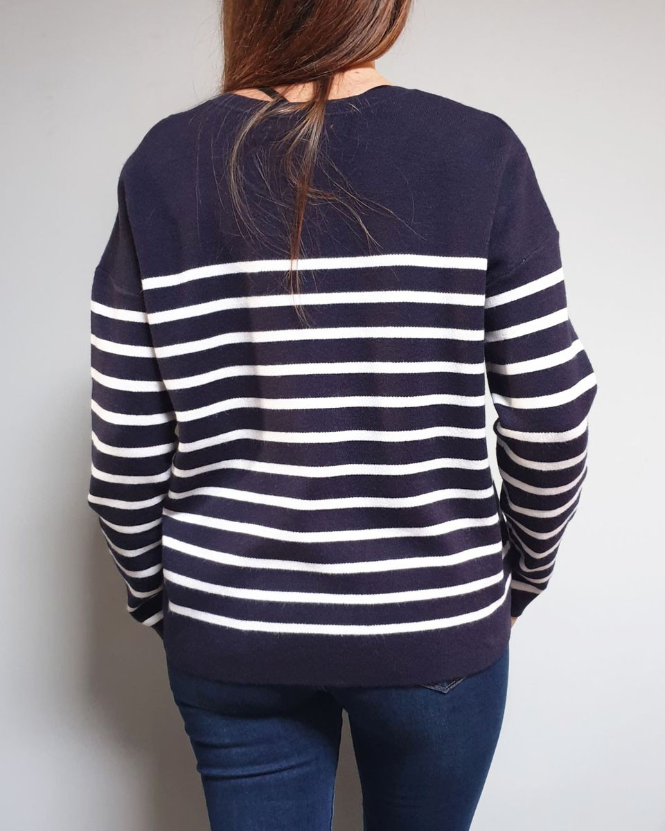 Pull marinière bleu rayures blanches coeurs rouges