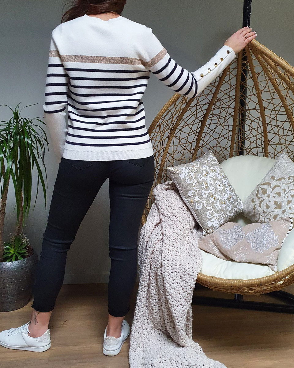 Pull marinière blanc rayures marines bande dorée