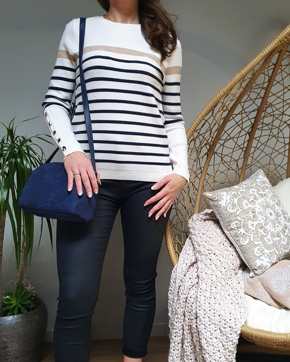 Pull marinière blanc rayures marines bande dorée