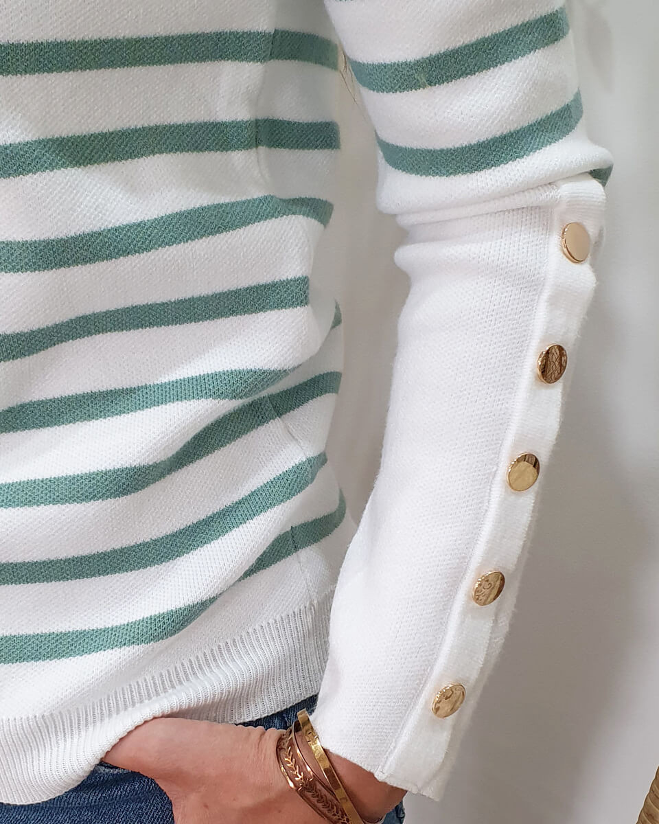 Pull marinière blanc rayures vert amande bande dorée