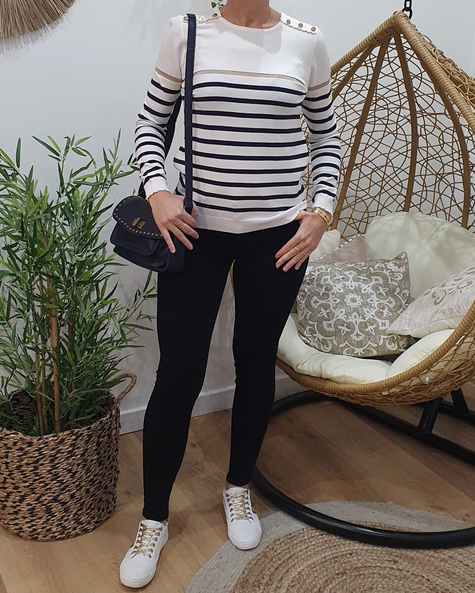 Pull marinière blanc rayures fines marine et doré