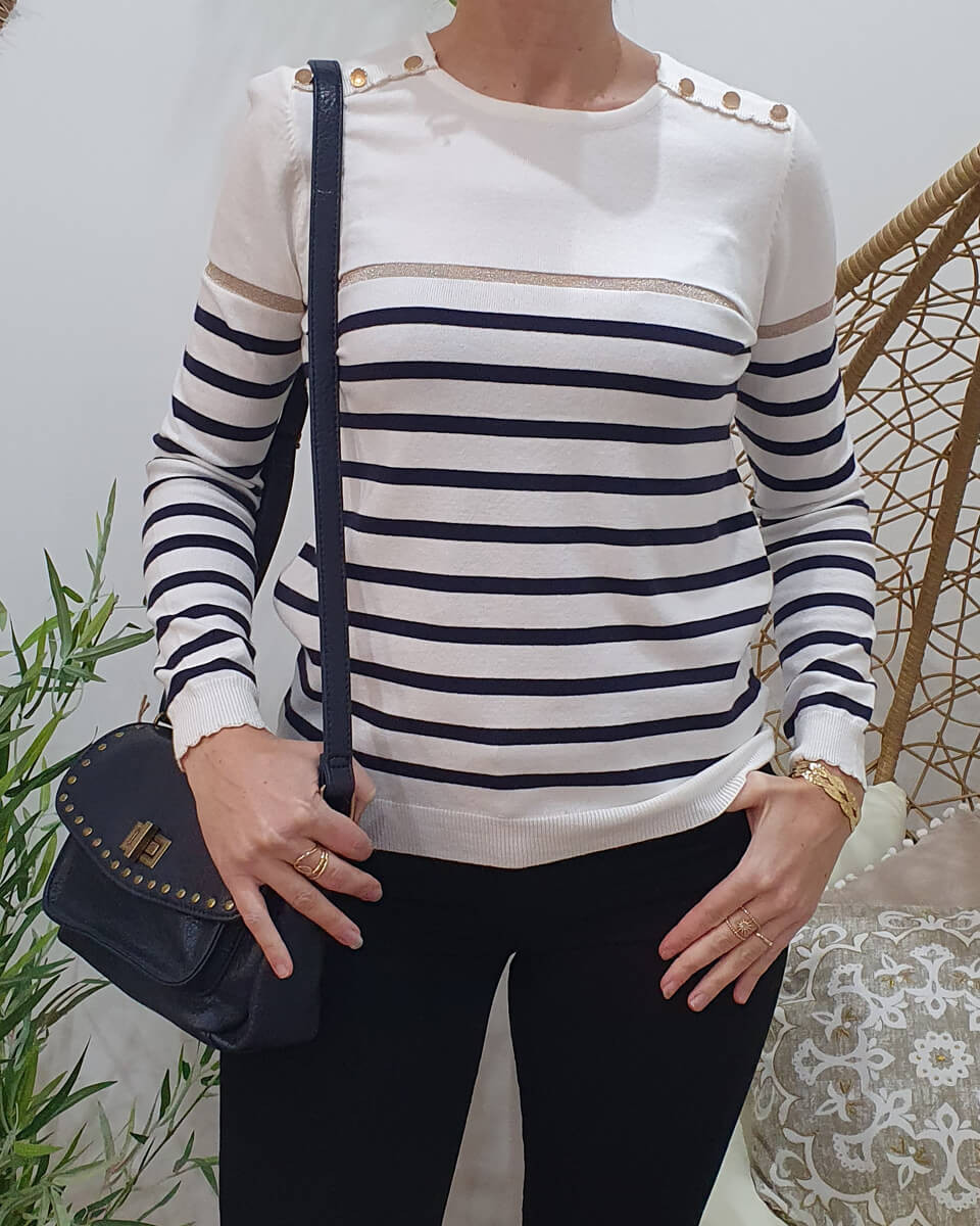 Pull marinière blanc rayures fines marine et doré