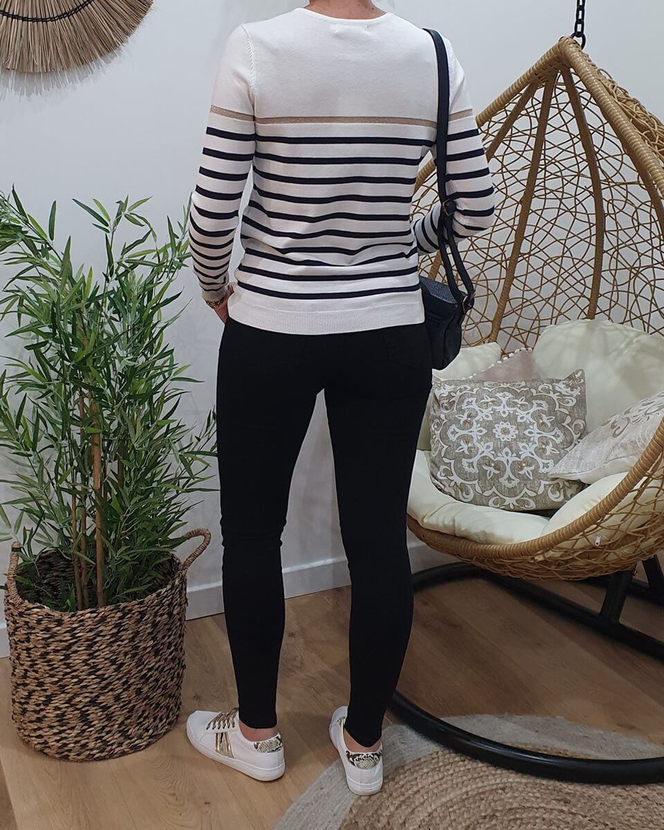 Pull marinière blanc rayures fines marine et doré