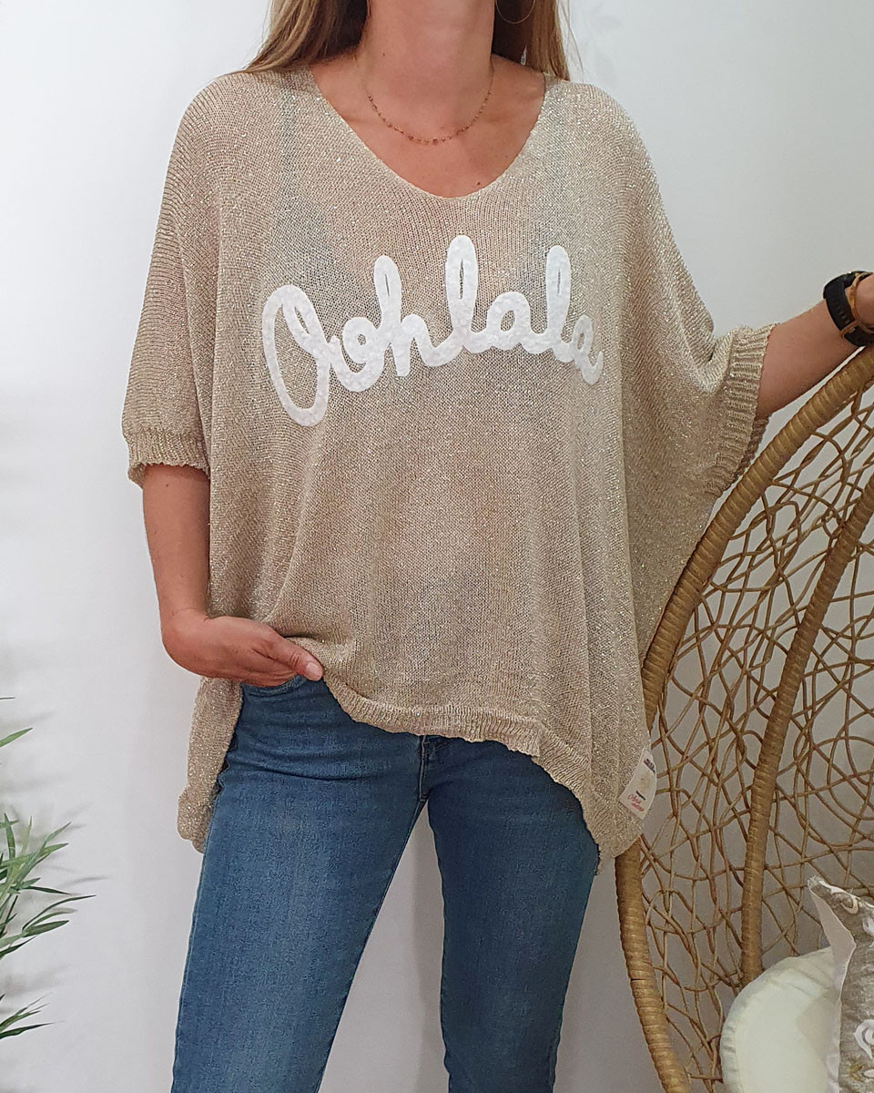 Pull fluide beige maille dorée Oohlala blanc