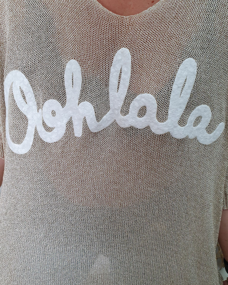 Pull fluide beige maille dorée Oohlala blanc