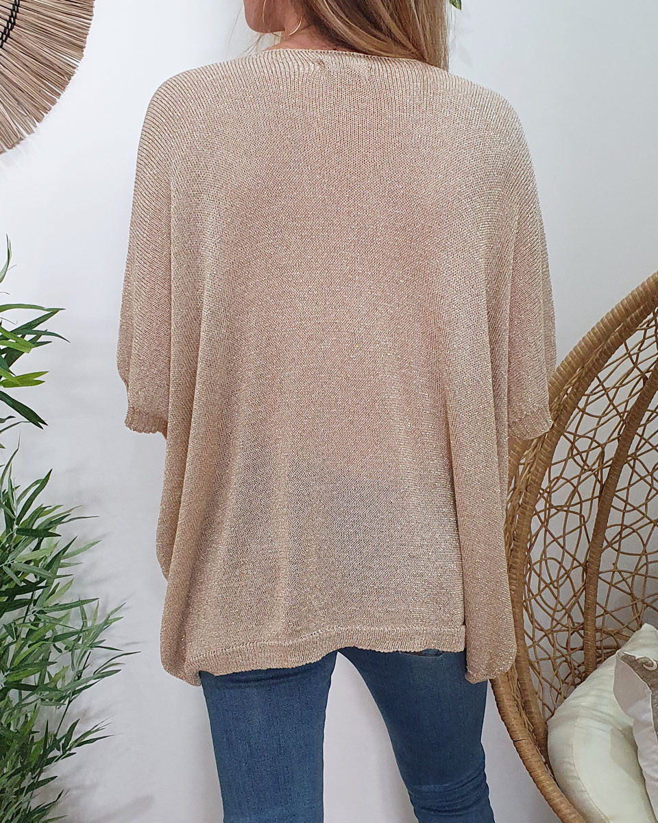 Pull fluide beige maille dorée Oohlala blanc