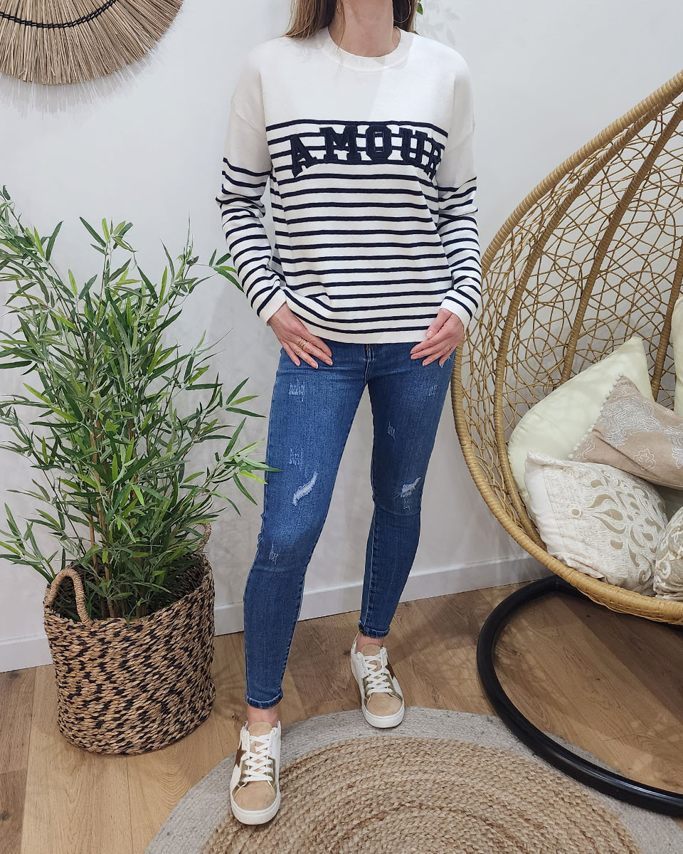 Pull femme marinière blanche AMOUR marine