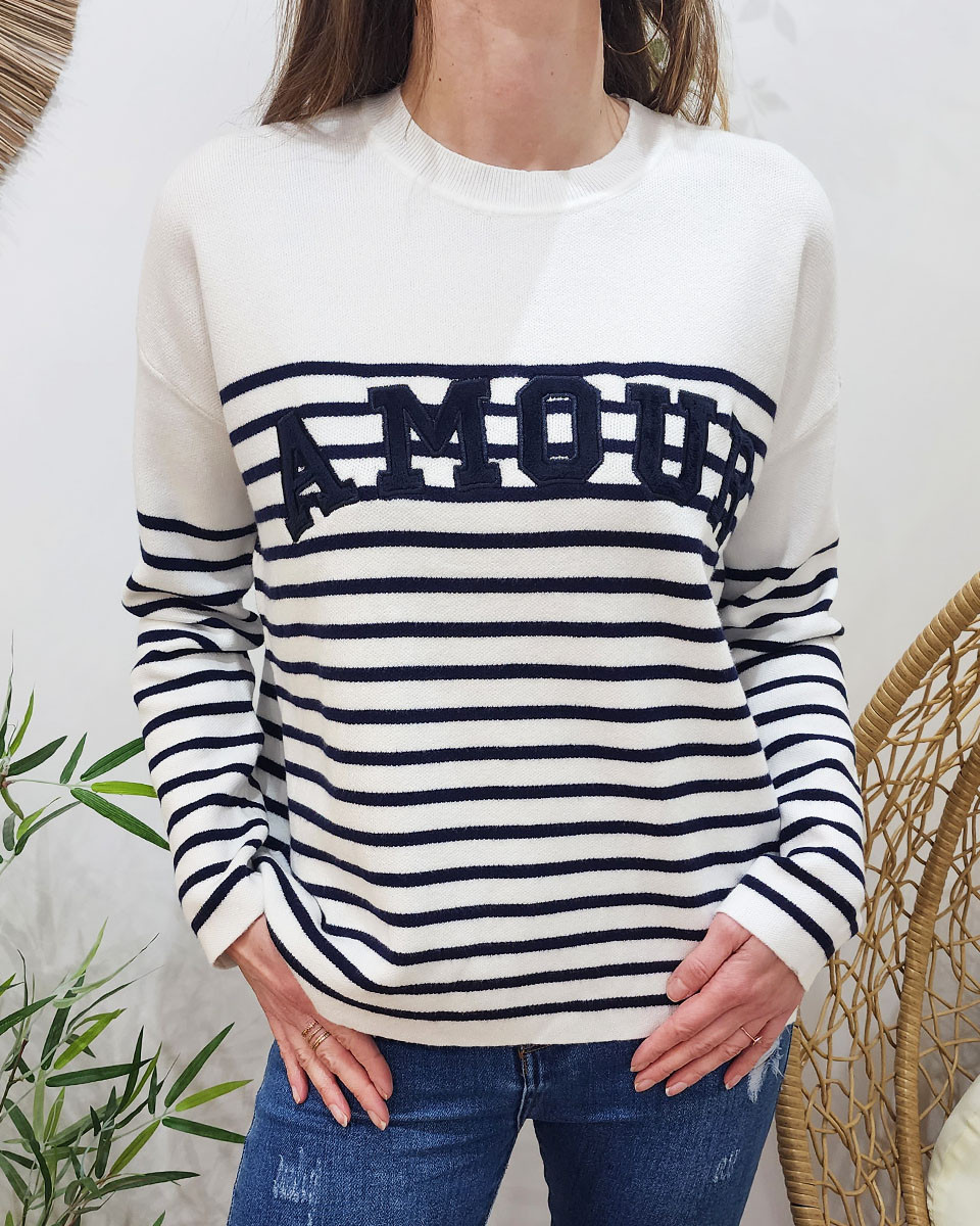 Pull femme marinière blanche AMOUR marine