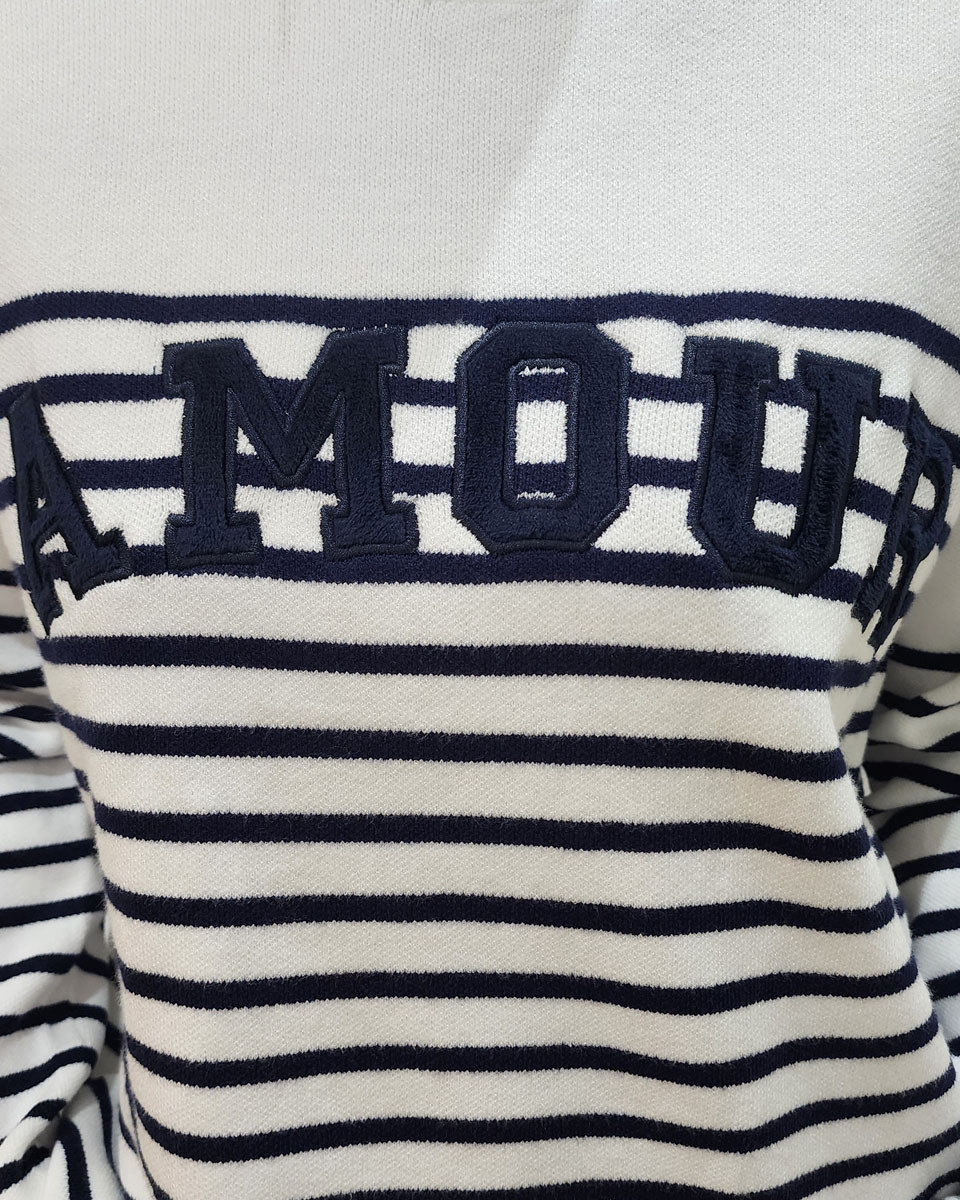 Pull femme marinière blanche AMOUR marine