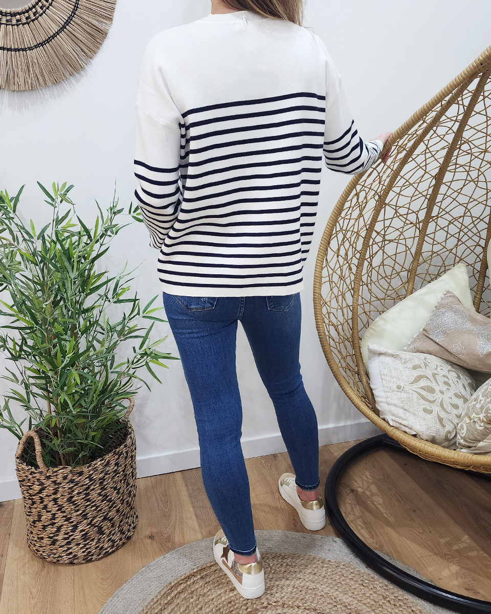 Pull femme marinière blanche AMOUR marine