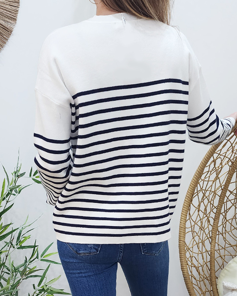 Pull femme marinière blanche AMOUR marine