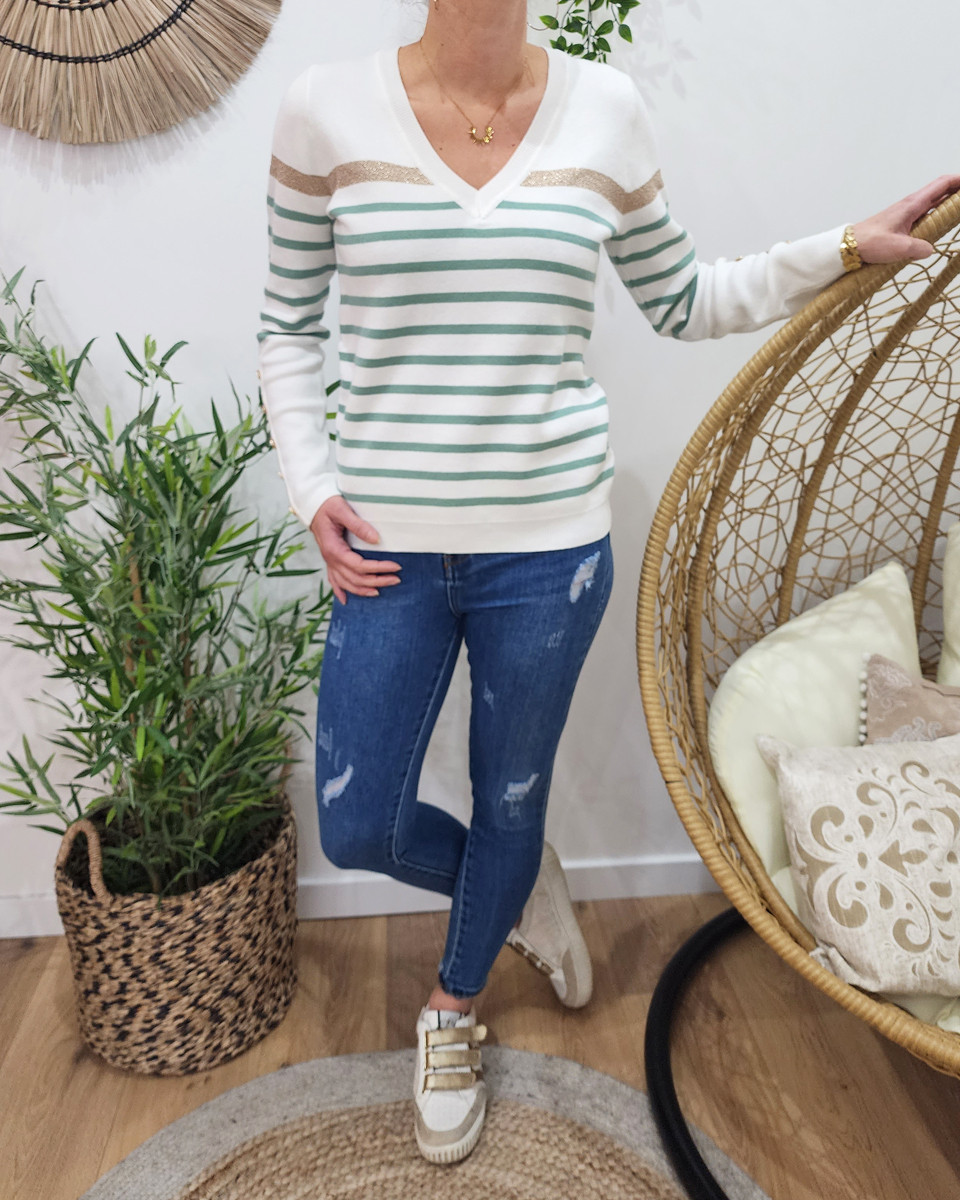 Pull femme marinière col V blanche rayures vertes et dorées