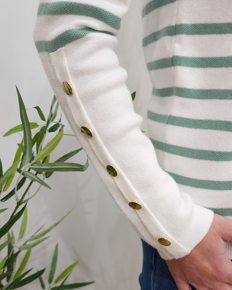 Pull femme marinière col V blanche rayures vertes et dorées