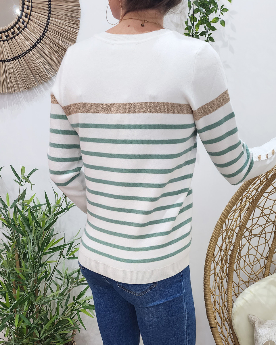 Pull femme marinière col V blanche rayures vertes et dorées