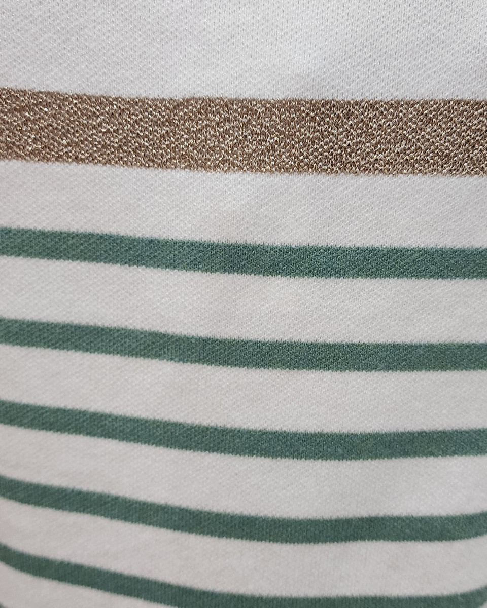 Pull femme marinière col V blanche rayures vertes et dorées