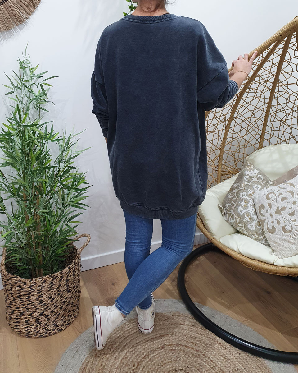 Sweat long gris délavé et doré New York Brooklyn