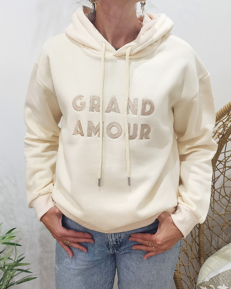 Sweat femme beige broderie Grand Amour
