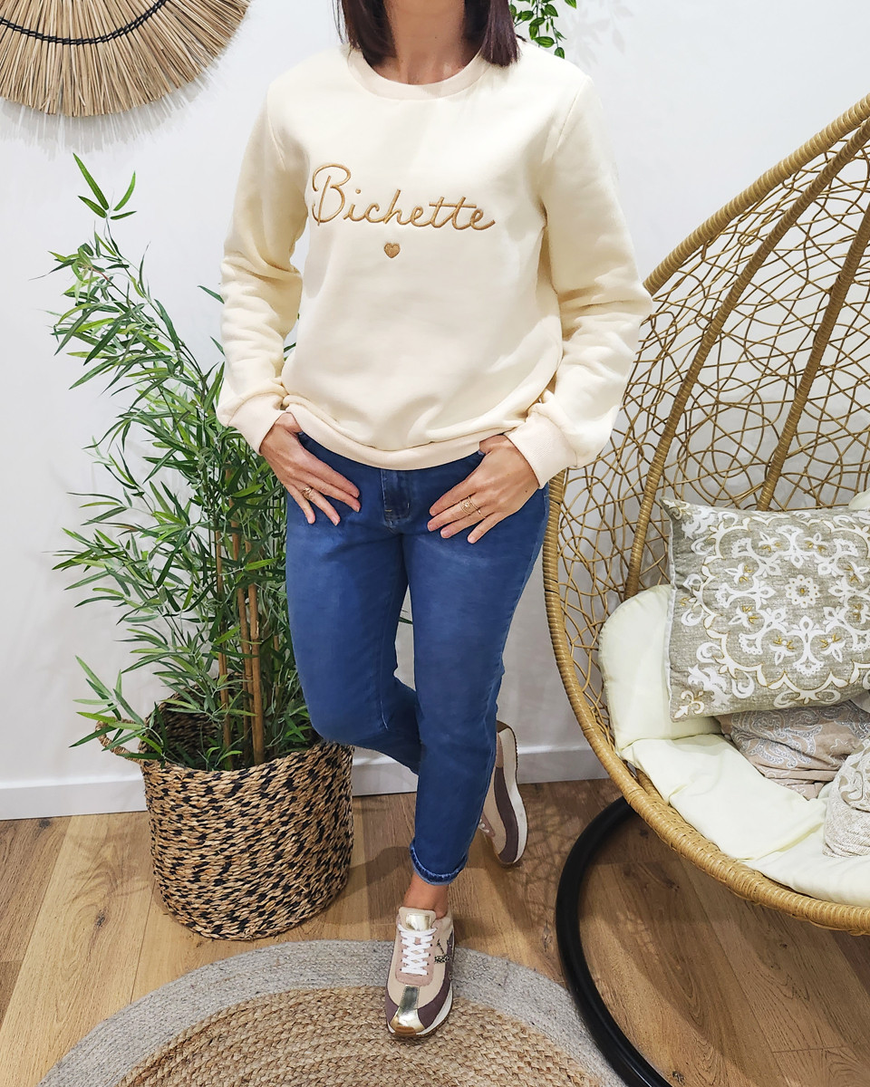 Sweat femme beige broderie Bichette