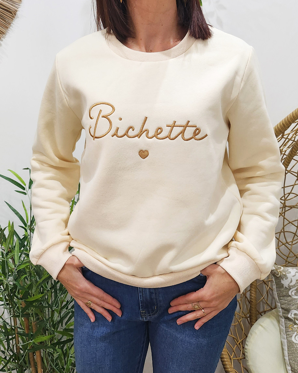 Sweat femme beige broderie Bichette
