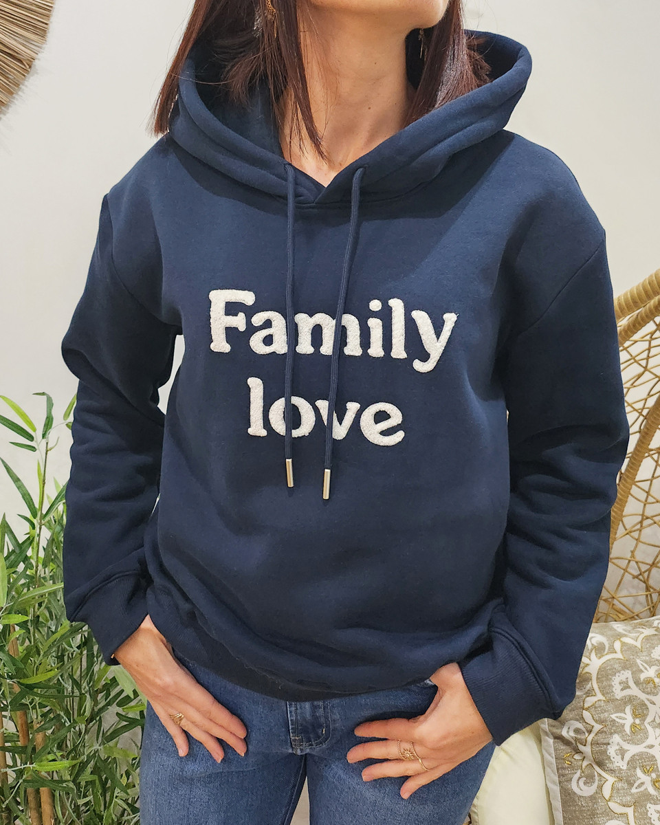 Sweat à capuche bleu marine Family love