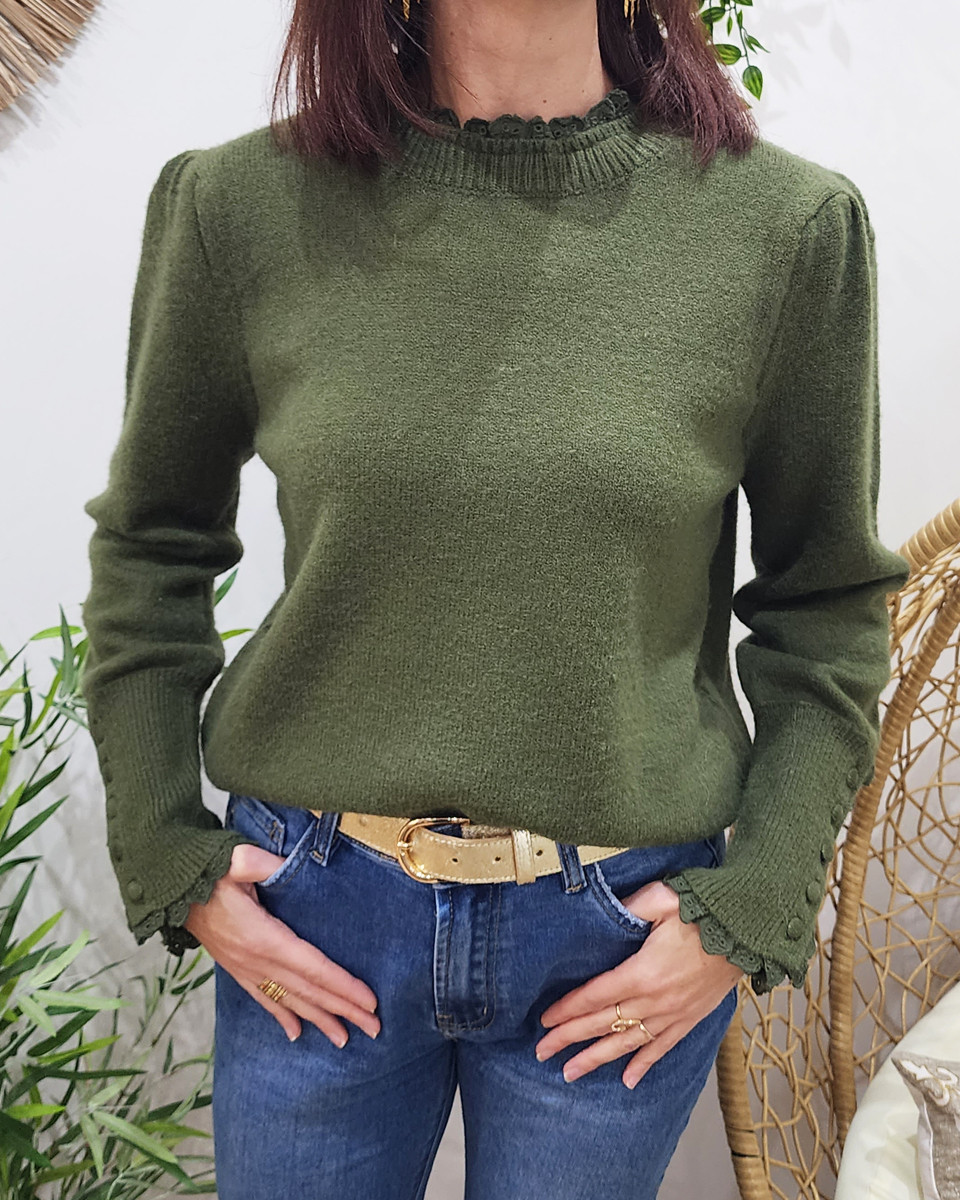 Pull femme uni col et manches à broderies-Kaki