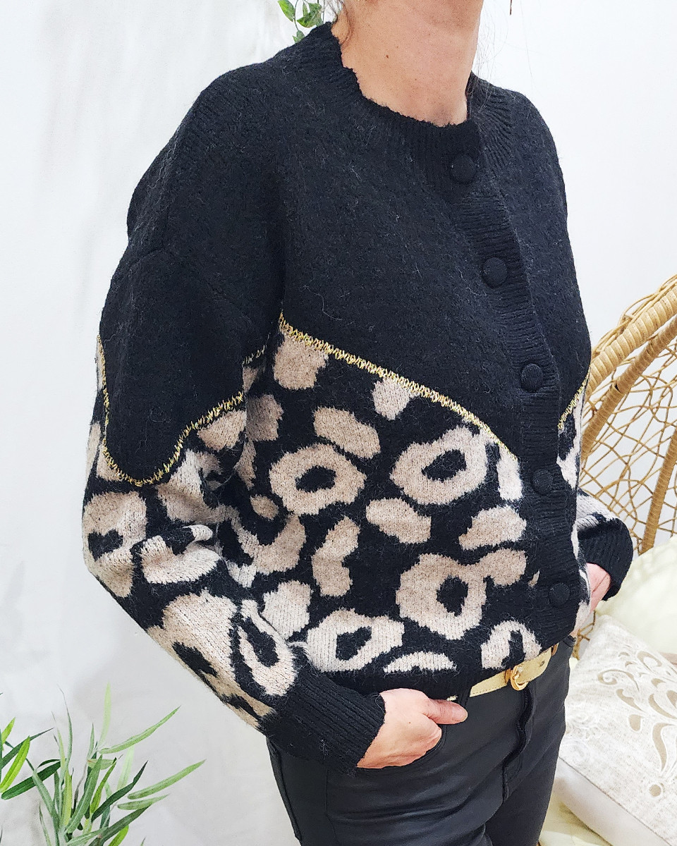 Pull femme boutonné noir taupe léopard et liseré doré