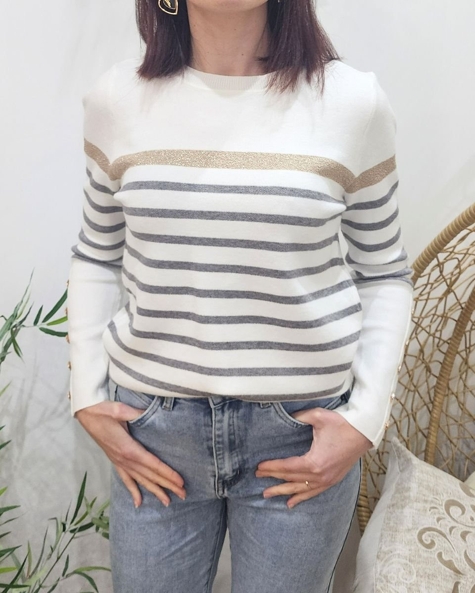 Pull femme marinière écru rayures grises