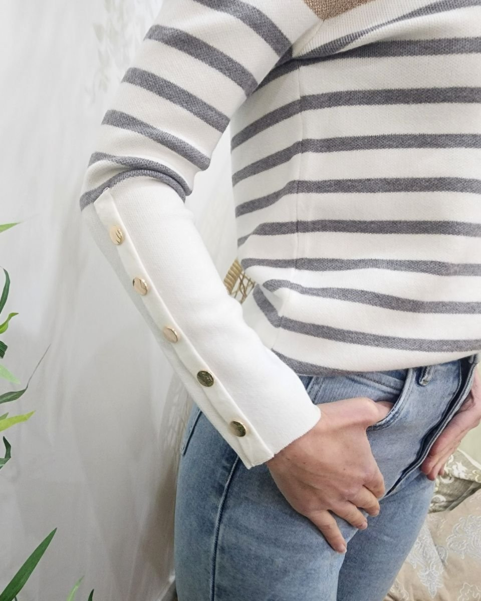 Pull femme marinière écru rayures grises