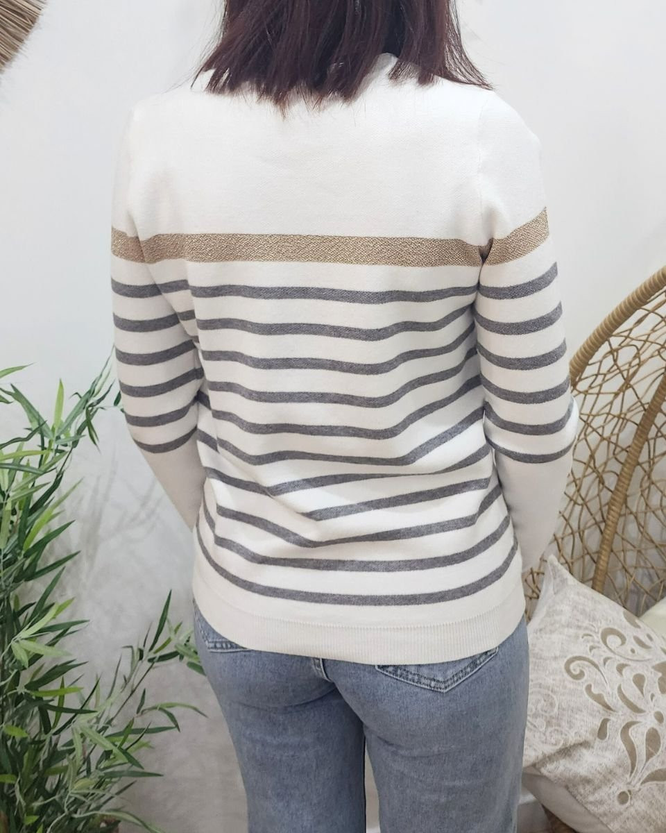 Pull femme marinière écru rayures grises