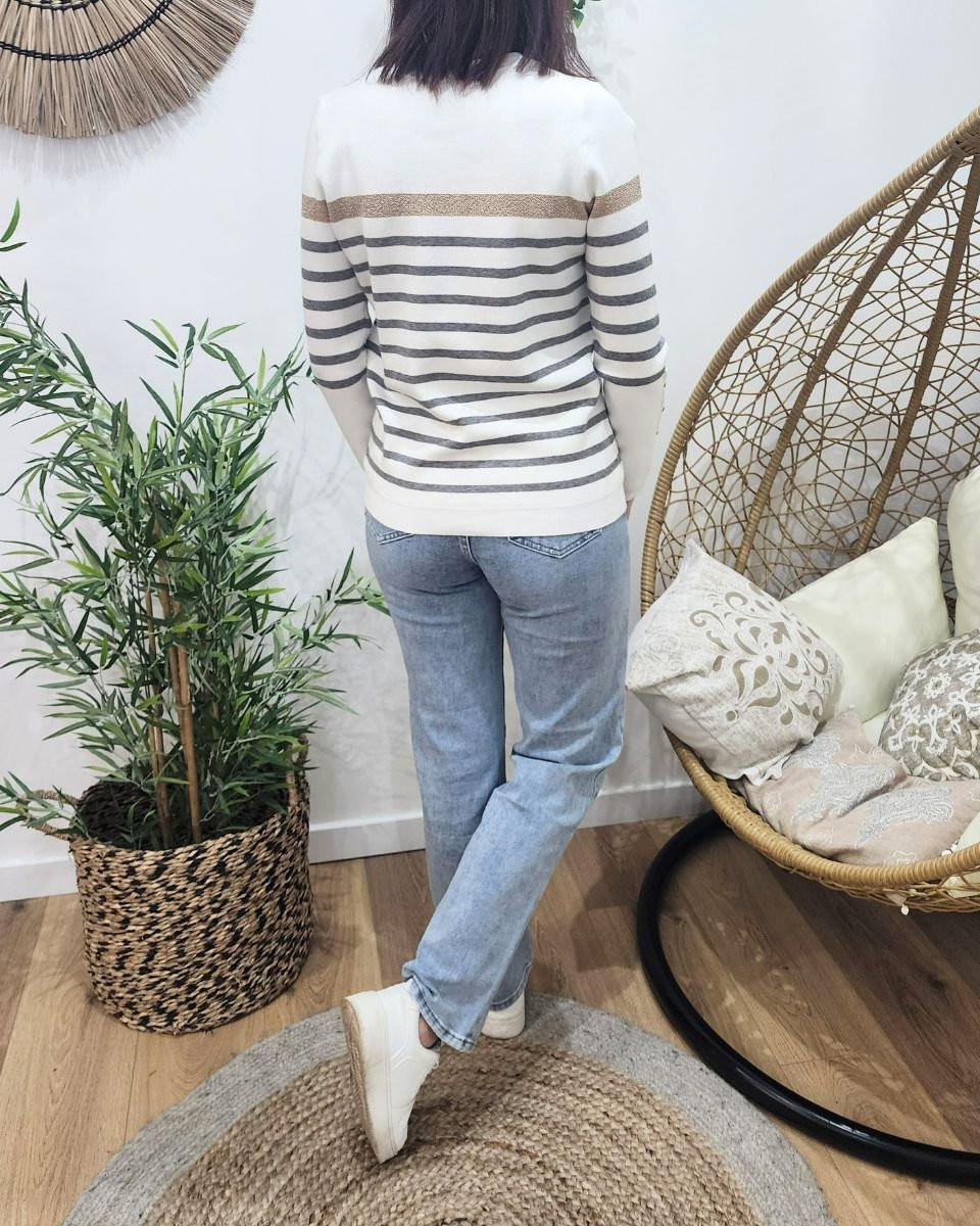 Pull femme marinière écru rayures grises