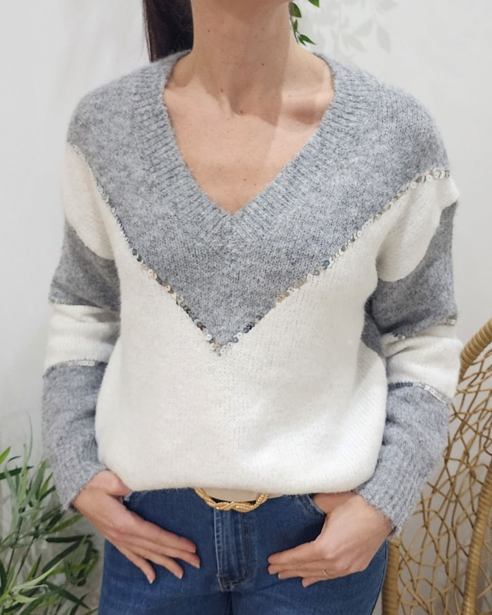 Pull femme gris blanc sequins argent Luciana