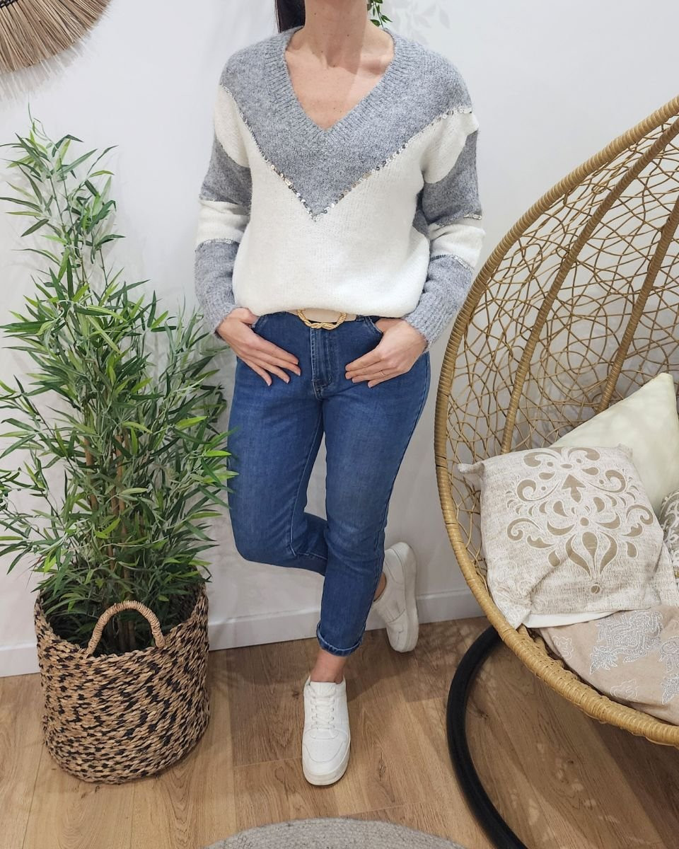 Pull femme gris blanc sequins argent Luciana