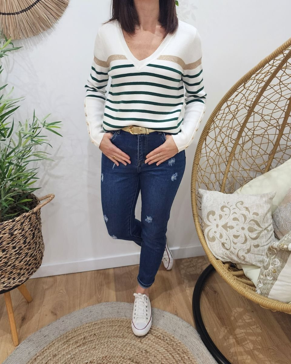 Pull femme marinière col V blanc rayures vertes foncées et dorées