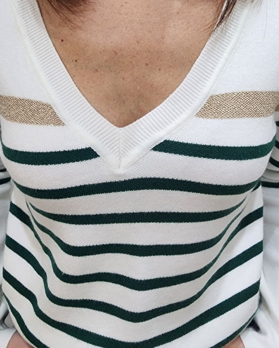 Pull femme marinière col V blanc rayures vertes foncées et dorées