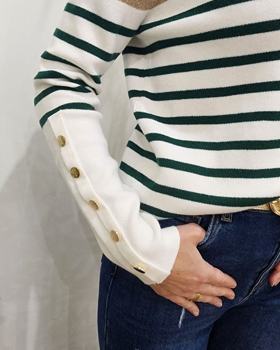Pull femme marinière col V blanc rayures vertes foncées et dorées