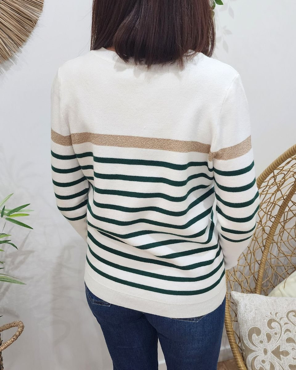 Pull femme marinière col V blanc rayures vertes foncées et dorées