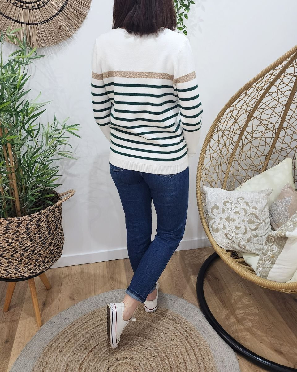 Pull femme marinière col V blanc rayures vertes foncées et dorées