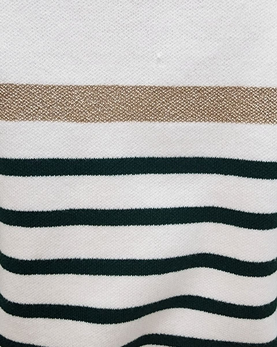 Pull femme marinière col V blanc rayures vertes foncées et dorées