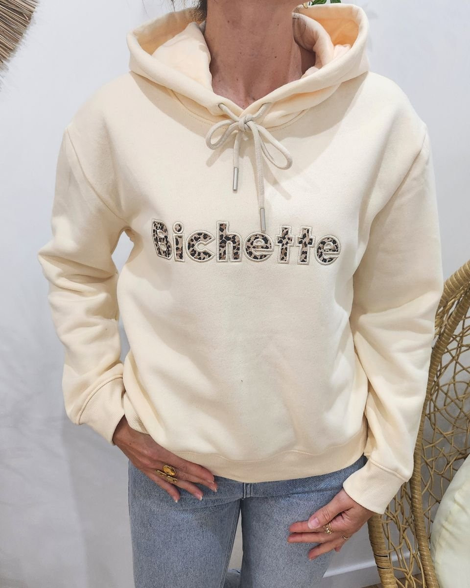 Sweat à capuche femme beige broderie Bichette léopard