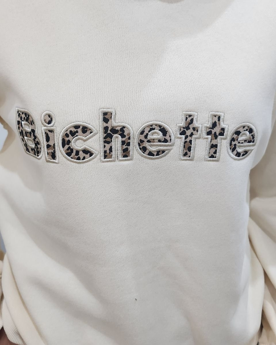 Sweat à capuche femme beige broderie Bichette léopard