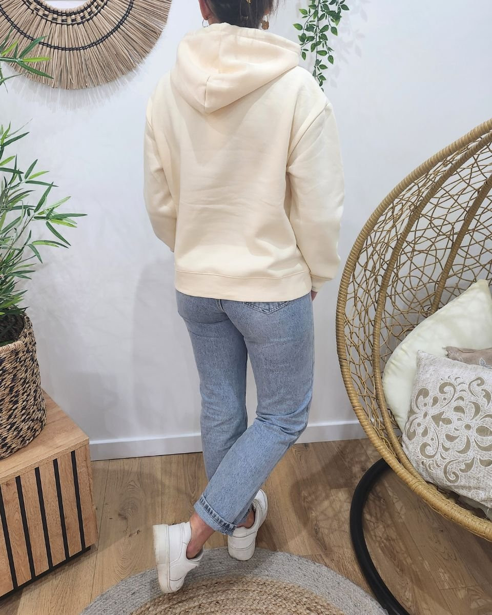 Sweat à capuche femme beige broderie Bichette léopard